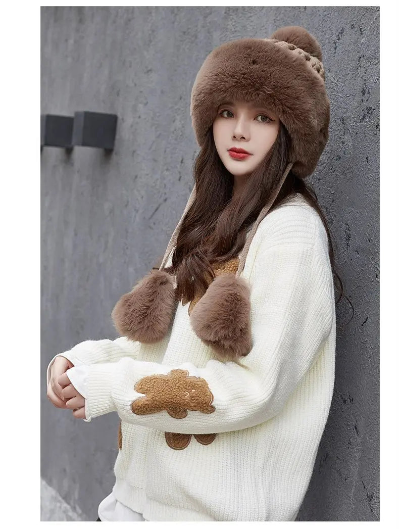 Women Russian Warm Faux Fur Knit Beanie with Ear-flap Pompom - Starttech Online Market