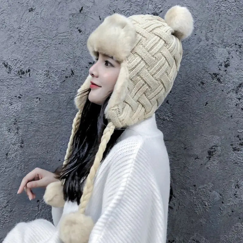 Cold Winter Women Knitting Snow Girls Thick Warm Ear Protector Bomber Fur Hats - Starttech Online Market