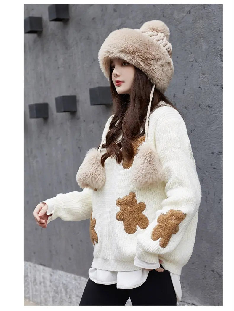 Women Russian Warm Faux Fur Knit Beanie with Ear-flap Pompom - Starttech Online Market