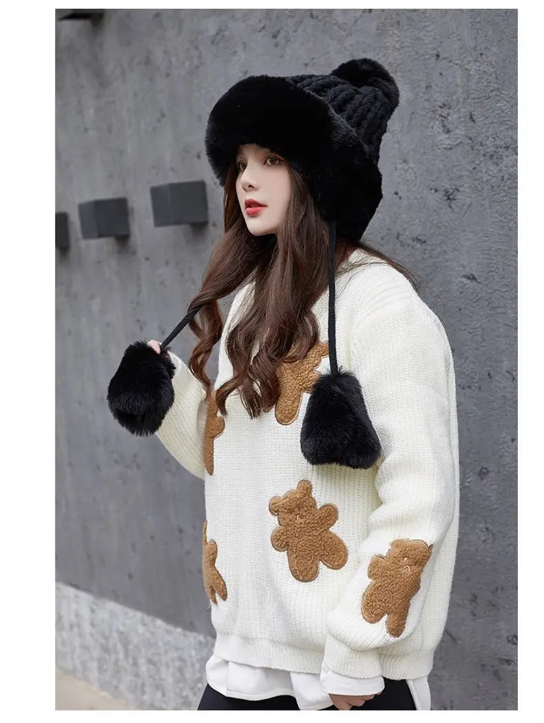 Women Russian Warm Faux Fur Knit Beanie with Ear-flap Pompom - Starttech Online Market