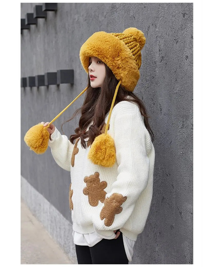 Women Russian Warm Faux Fur Knit Beanie with Ear-flap Pompom - Starttech Online Market