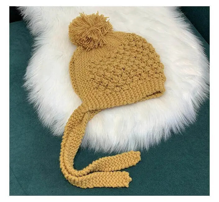 Autumn Winter Handwork Knitting Cotton Hat Girls Thick Warm Ear Protector Bomber Hats - Starttech Online Market