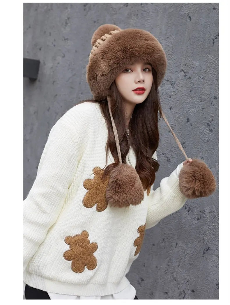 Women Russian Warm Faux Fur Knit Beanie with Ear-flap Pompom - Starttech Online Market