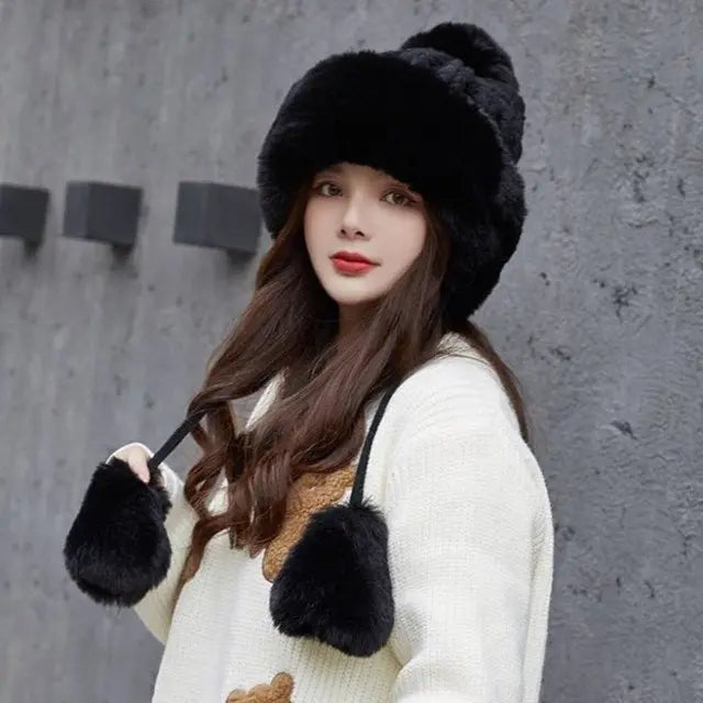 Women Russian Warm Faux Fur Knit Beanie with Ear-flap Pompom - Starttech Online Market