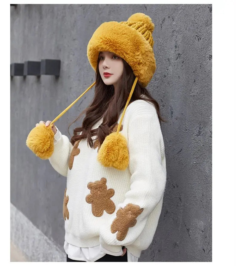 Women Russian Warm Faux Fur Knit Beanie with Ear-flap Pompom - Starttech Online Market