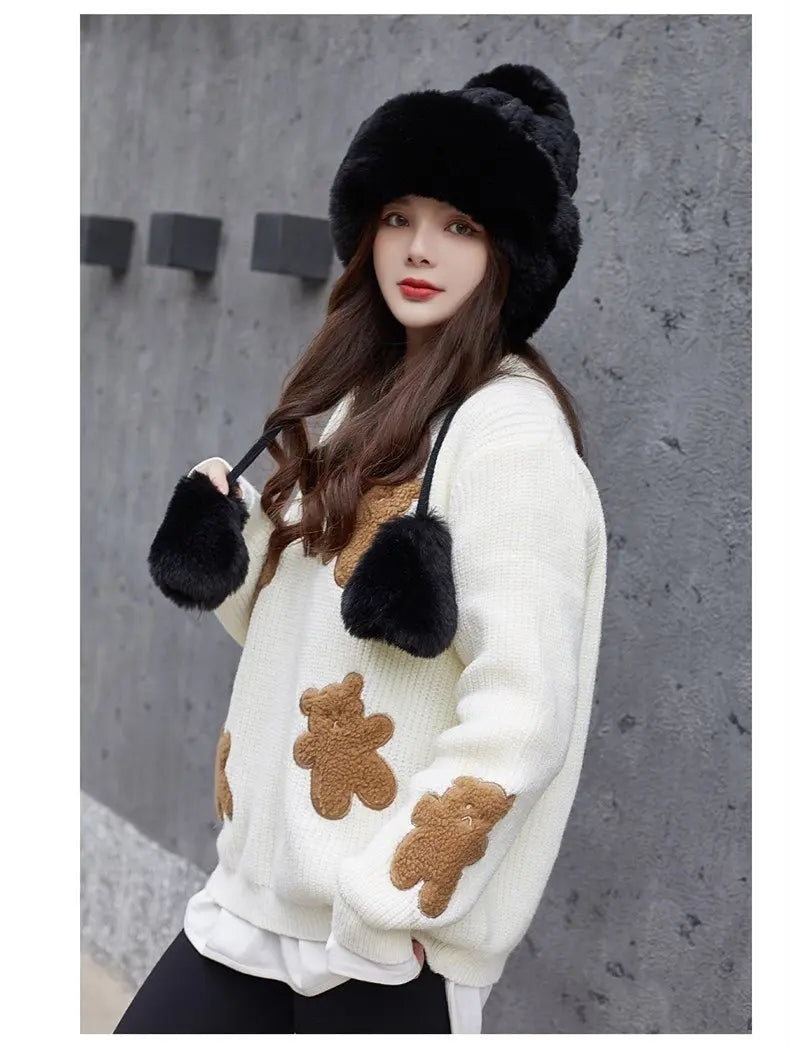 Women Russian Warm Faux Fur Knit Beanie with Ear-flap Pompom - Starttech Online Market