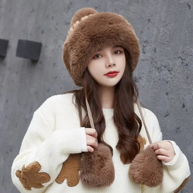 Women Russian Warm Faux Fur Knit Beanie with Ear-flap Pompom - Starttech Online Market