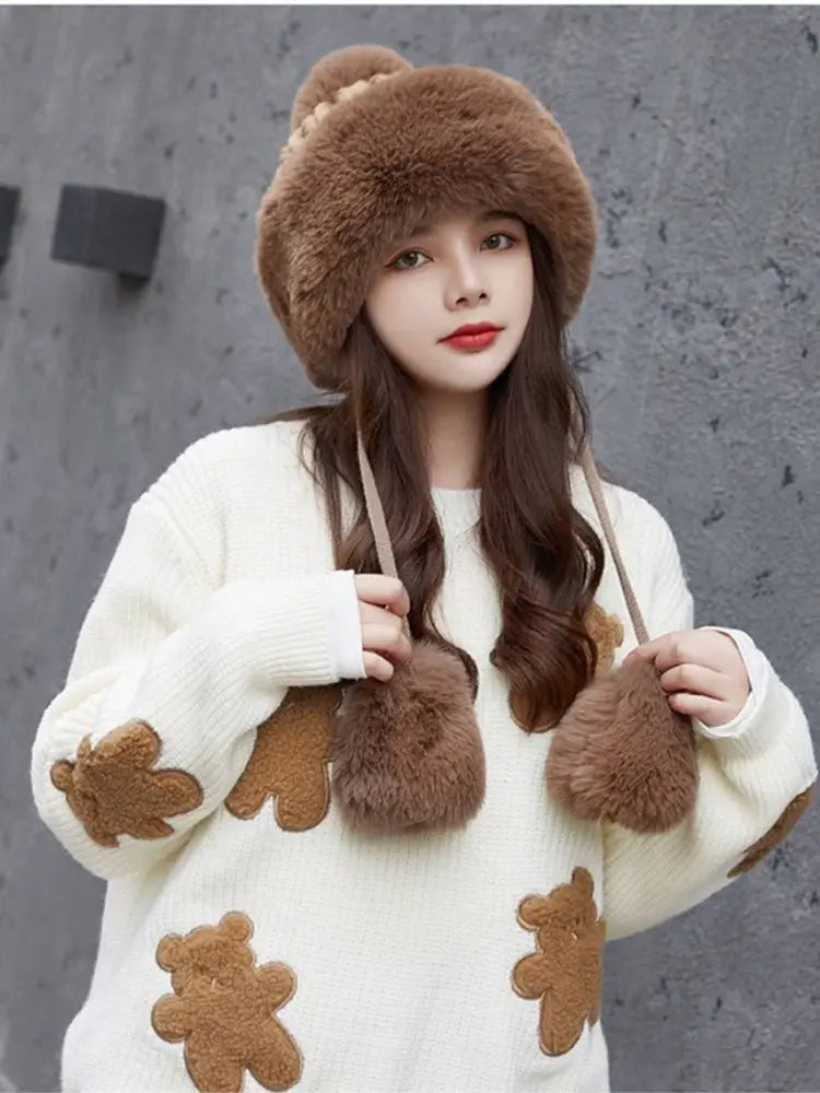 Women Russian Warm Faux Fur Knit Beanie with Ear-flap Pompom - Starttech Online Market