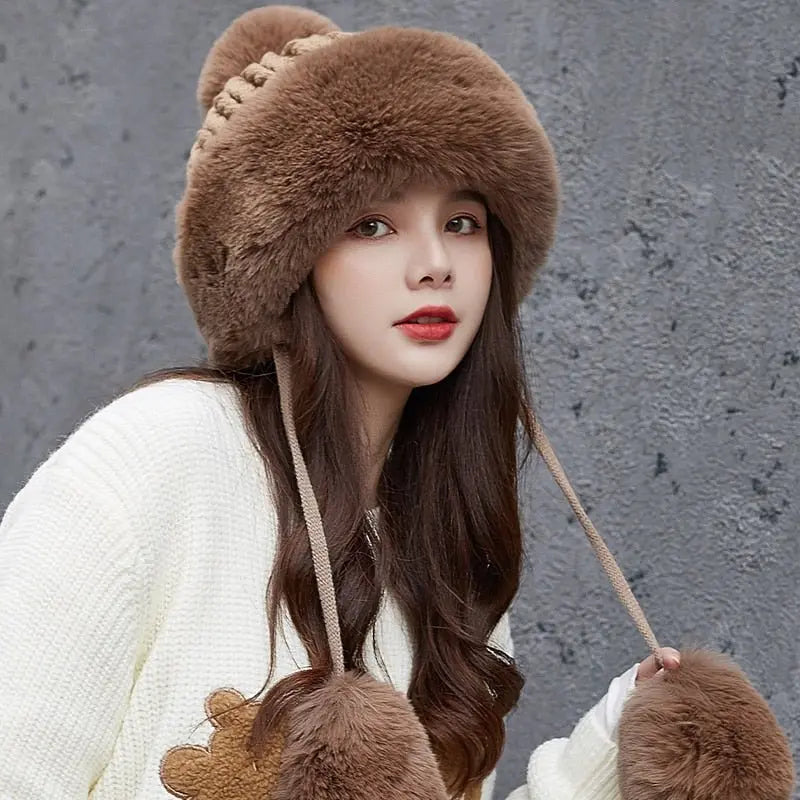 Women Russian Warm Faux Fur Knit Beanie with Ear-flap Pompom - Starttech Online Market