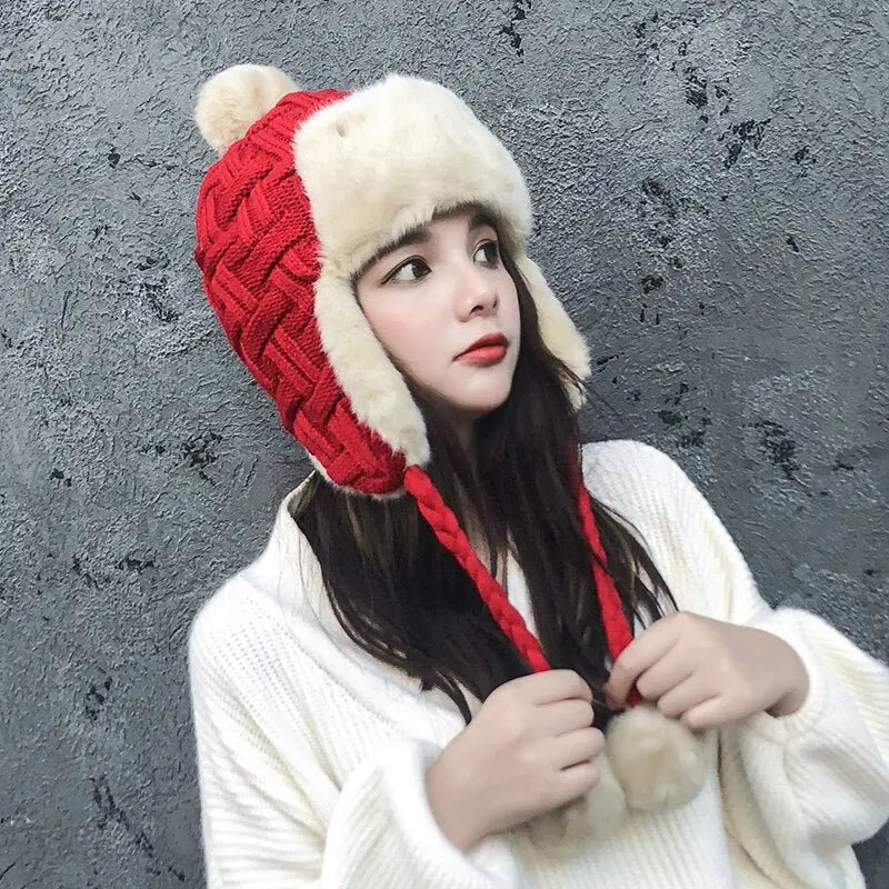 Cold Winter Women Knitting Snow Girls Thick Warm Ear Protector Bomber Fur Hats - Starttech Online Market