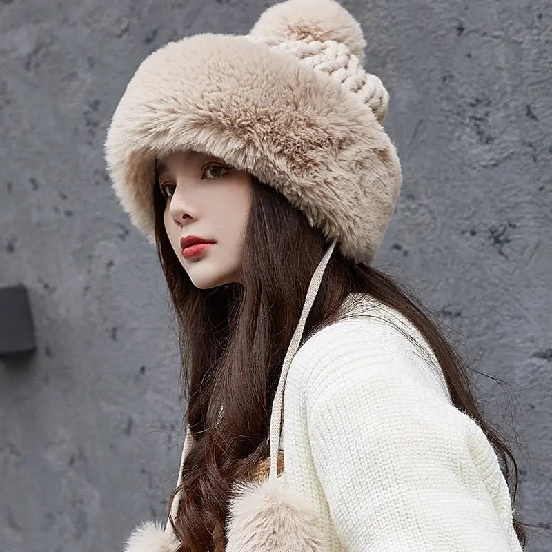 Women Russian Warm Faux Fur Knit Beanie with Ear-flap Pompom - Starttech Online Market