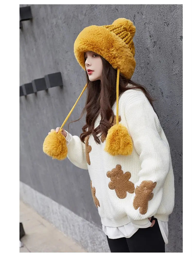 Women Russian Warm Faux Fur Knit Beanie with Ear-flap Pompom - Starttech Online Market