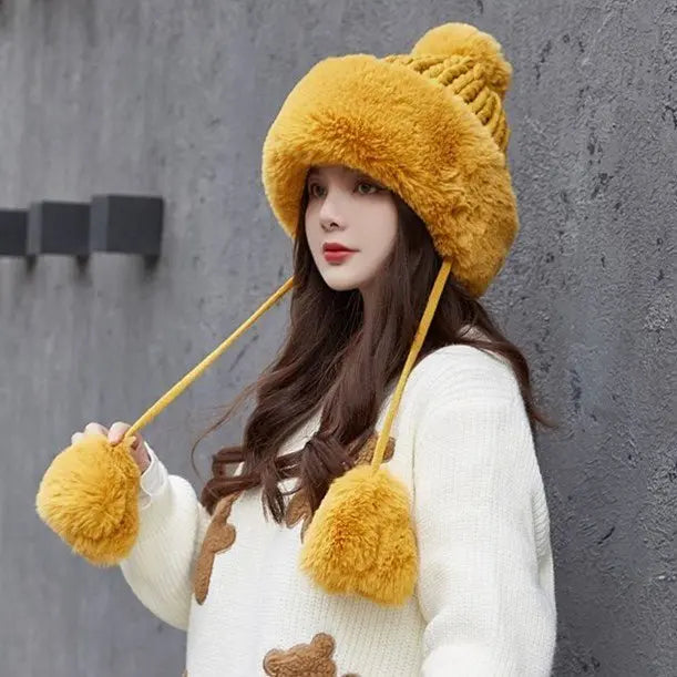 Women Russian Warm Faux Fur Knit Beanie with Ear-flap Pompom - Starttech Online Market