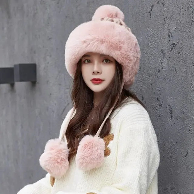 Women Russian Warm Faux Fur Knit Beanie with Ear-flap Pompom - Starttech Online Market