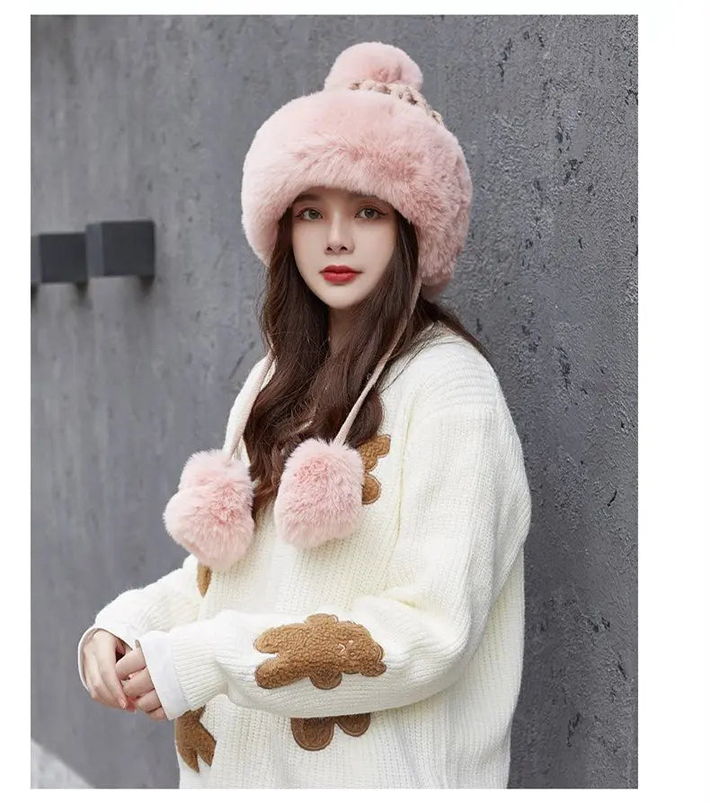 Women Russian Warm Faux Fur Knit Beanie with Ear-flap Pompom - Starttech Online Market