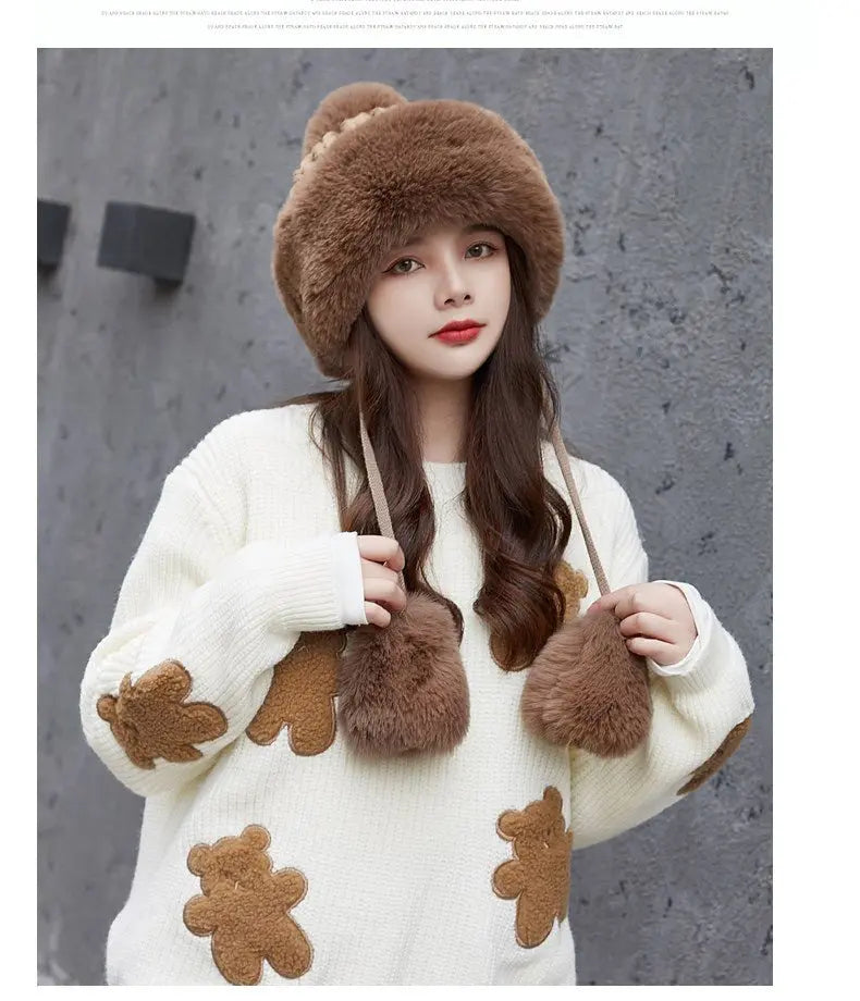 Women Russian Warm Faux Fur Knit Beanie with Ear-flap Pompom - Starttech Online Market