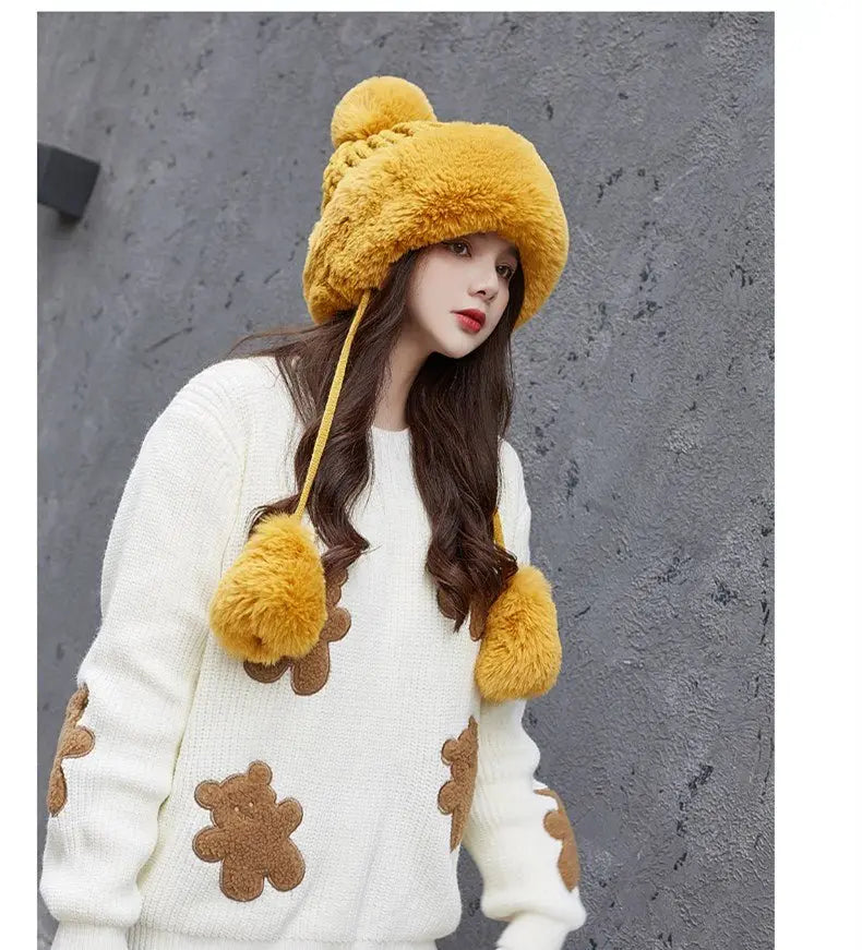 Women Russian Warm Faux Fur Knit Beanie with Ear-flap Pompom - Starttech Online Market