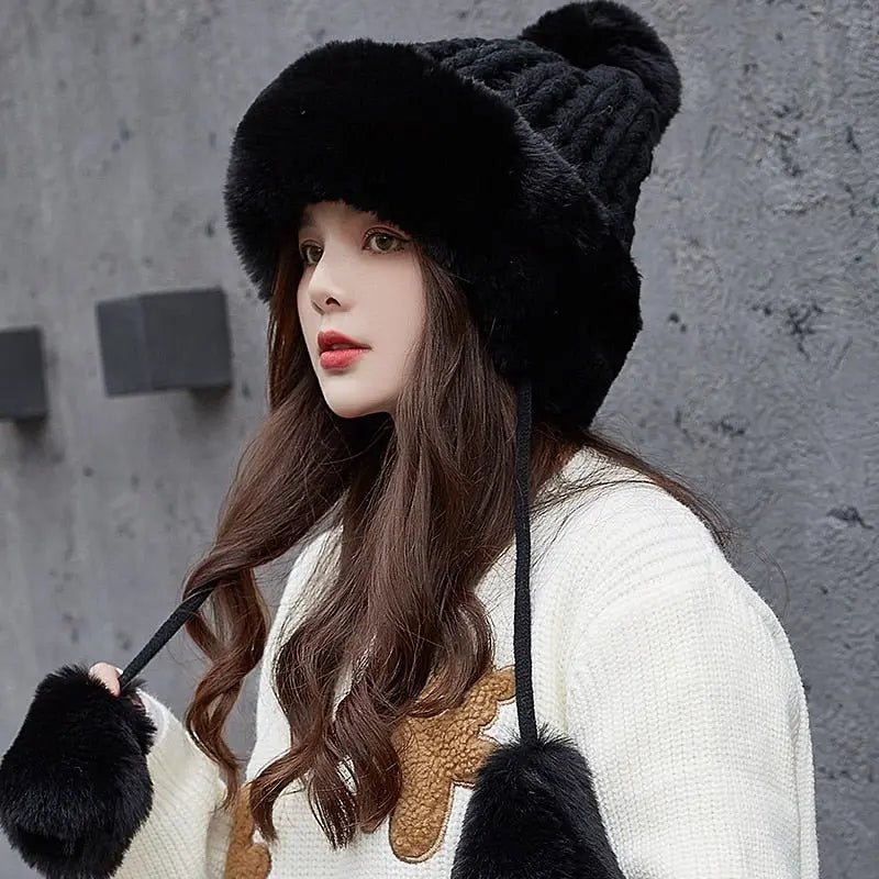 Women Russian Warm Faux Fur Knit Beanie with Ear-flap Pompom - Starttech Online Market