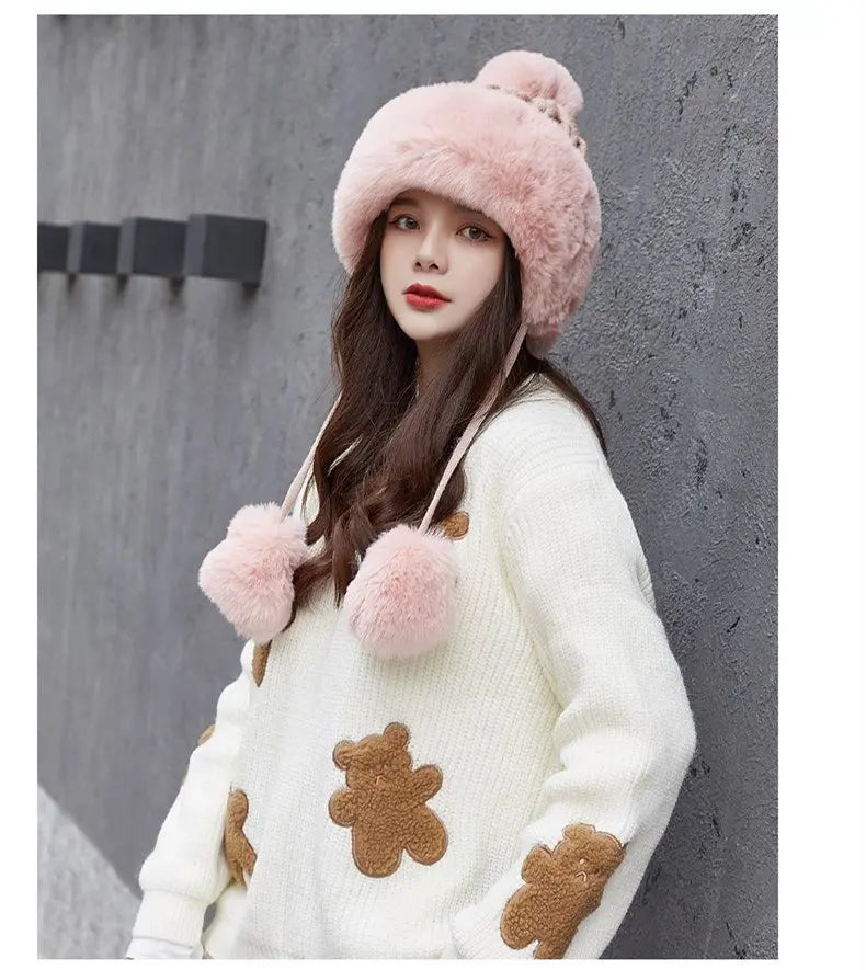 Women Russian Warm Faux Fur Knit Beanie with Ear-flap Pompom - Starttech Online Market