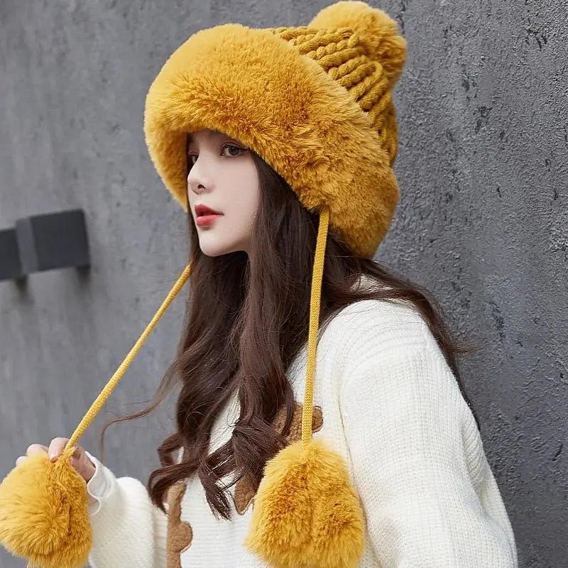 Women Russian Warm Faux Fur Knit Beanie with Ear-flap Pompom - Starttech Online Market