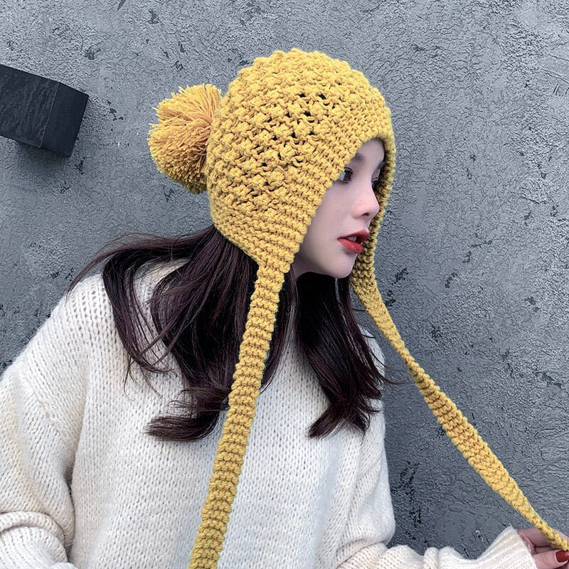 Autumn Winter Handwork Knitting Cotton Hat Girls Thick Warm Ear Protector Bomber Hats - Starttech Online Market