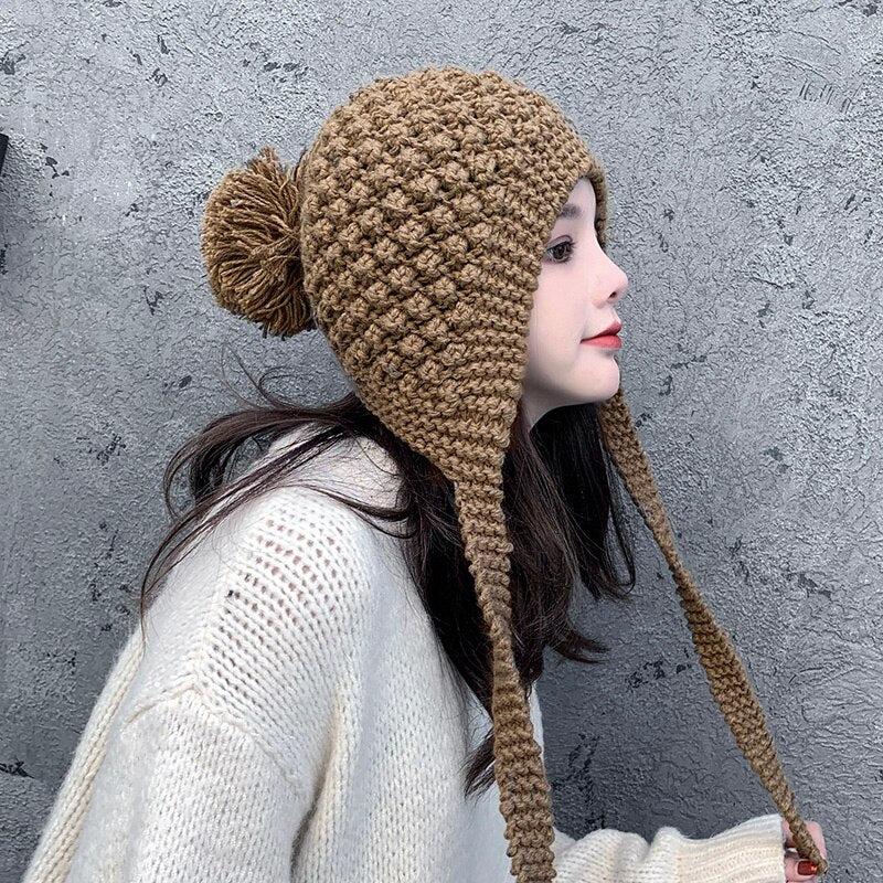 Autumn Winter Handwork Knitting Cotton Hat Girls Thick Warm Ear Protector Bomber Hats - Starttech Online Market