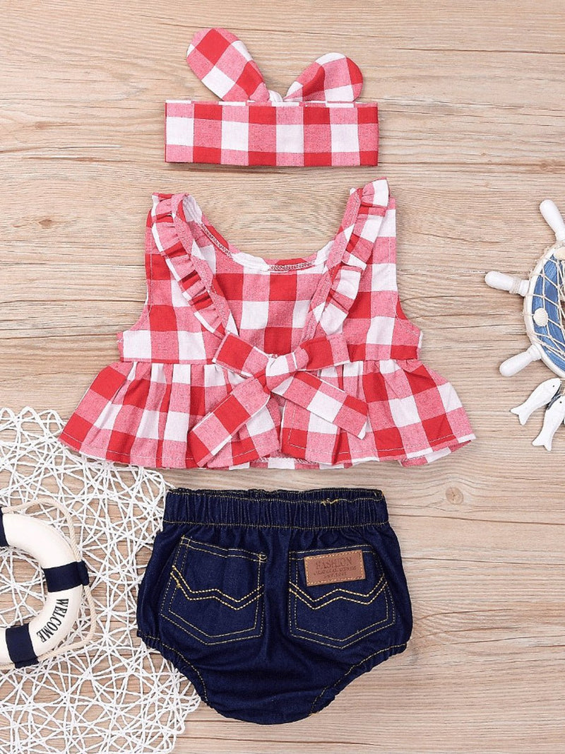 Children Plaid Top Denim Shorts Headdress Three-piece Set - Starttech Online Market