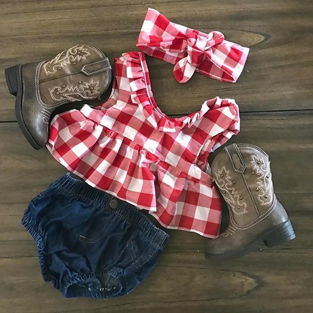 Children Plaid Top Denim Shorts Headdress Three-piece Set - Starttech Online Market