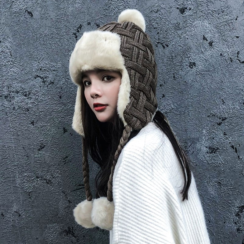 Cold Winter Women Knitting Snow Girls Thick Warm Ear Protector Bomber Fur Hats - Starttech Online Market