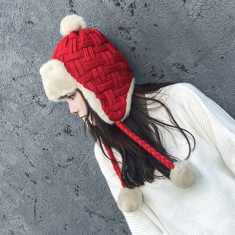 Cold Winter Women Knitting Snow Girls Thick Warm Ear Protector Bomber Fur Hats - Starttech Online Market