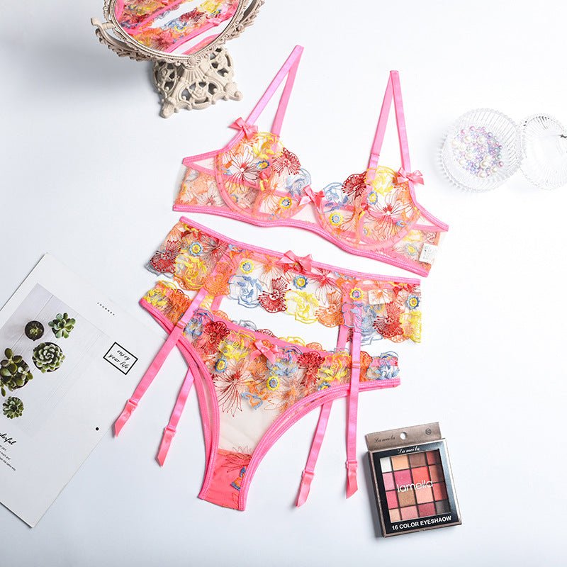 Embroidery Heavy Craft Floral Mesh Underwear Gathering Three-piece Set - Starttech Online Market