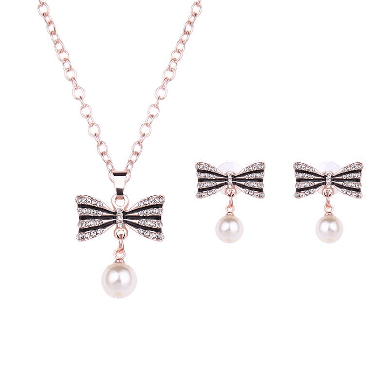 Fashion All-match Luxury Bow Full Diamond Necklace Earrings Jewelry Set - Starttech Online Market