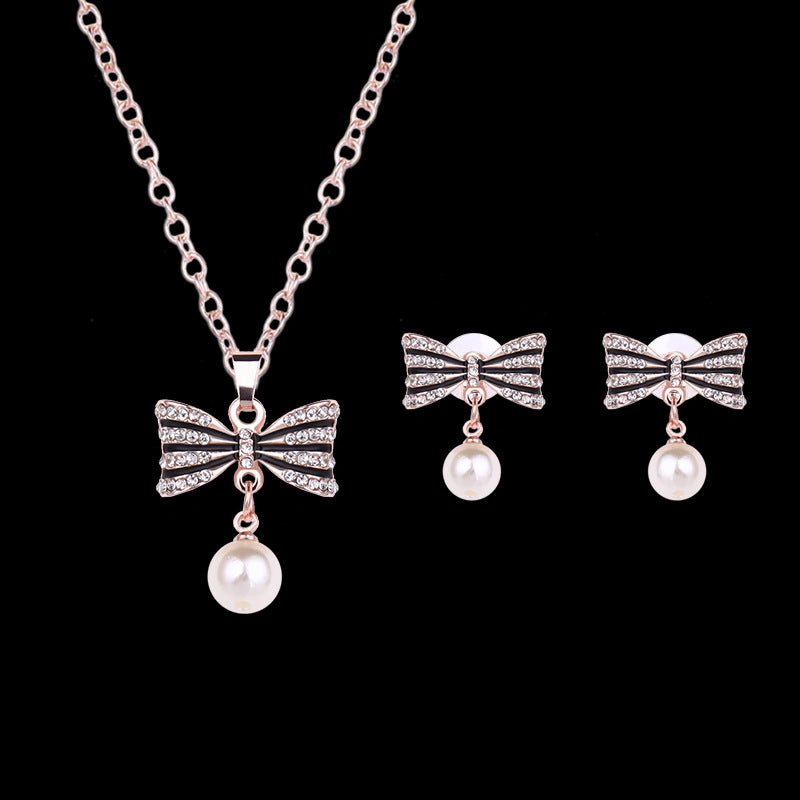 Fashion All-match Luxury Bow Full Diamond Necklace Earrings Jewelry Set - Starttech Online Market