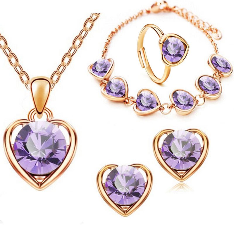 Fashion Crystal Heart Heart Necklace Earrings Ring Bracelet Four Piece Set - Starttech Online Market