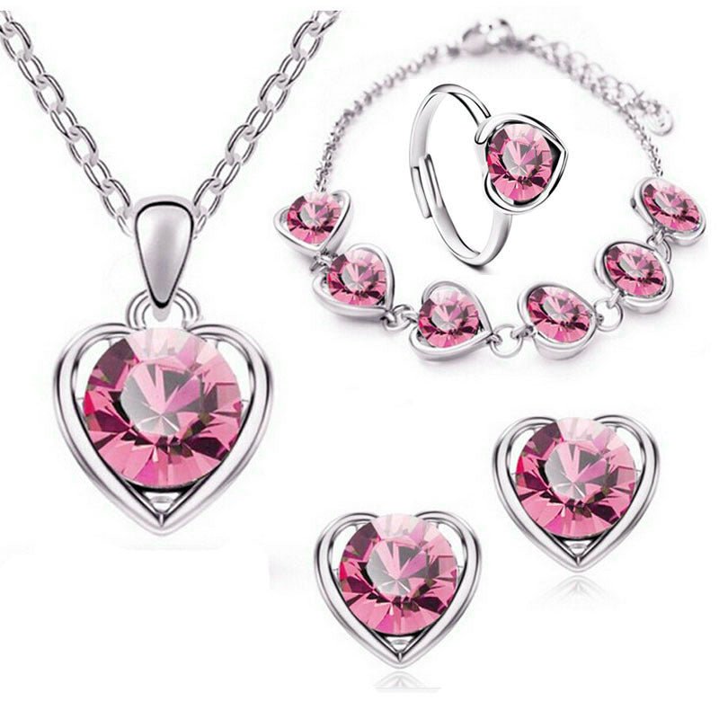 Fashion Crystal Heart Heart Necklace Earrings Ring Bracelet Four Piece Set - Starttech Online Market