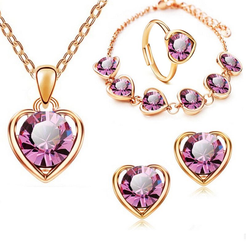 Fashion Crystal Heart Heart Necklace Earrings Ring Bracelet Four Piece Set - Starttech Online Market