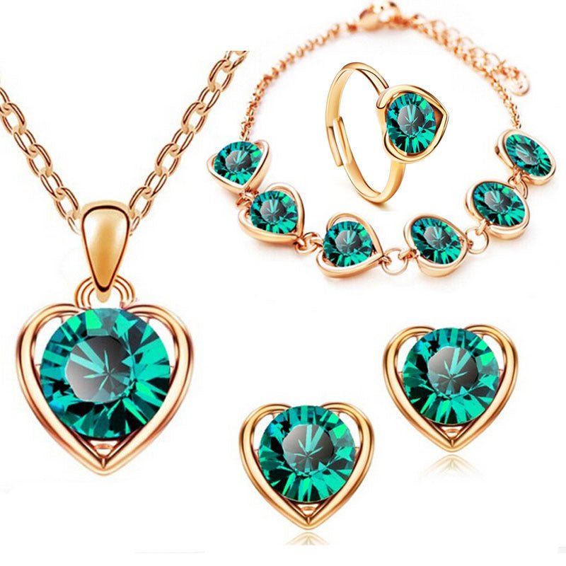 Fashion Crystal Heart Heart Necklace Earrings Ring Bracelet Four Piece Set - Starttech Online Market