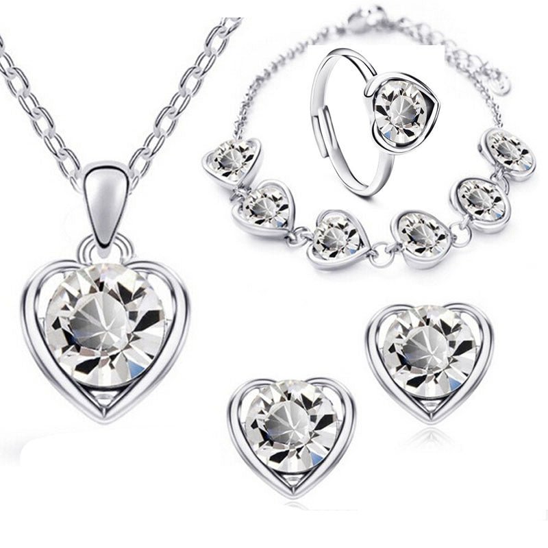 Fashion Crystal Heart Heart Necklace Earrings Ring Bracelet Four Piece Set - Starttech Online Market