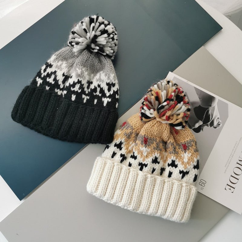 Fashion Cute Print Embroidery Beanies Hats for Women Men Winter Wool Warm Fur Pompom Baggy Knitted Hat - Starttech Online Market