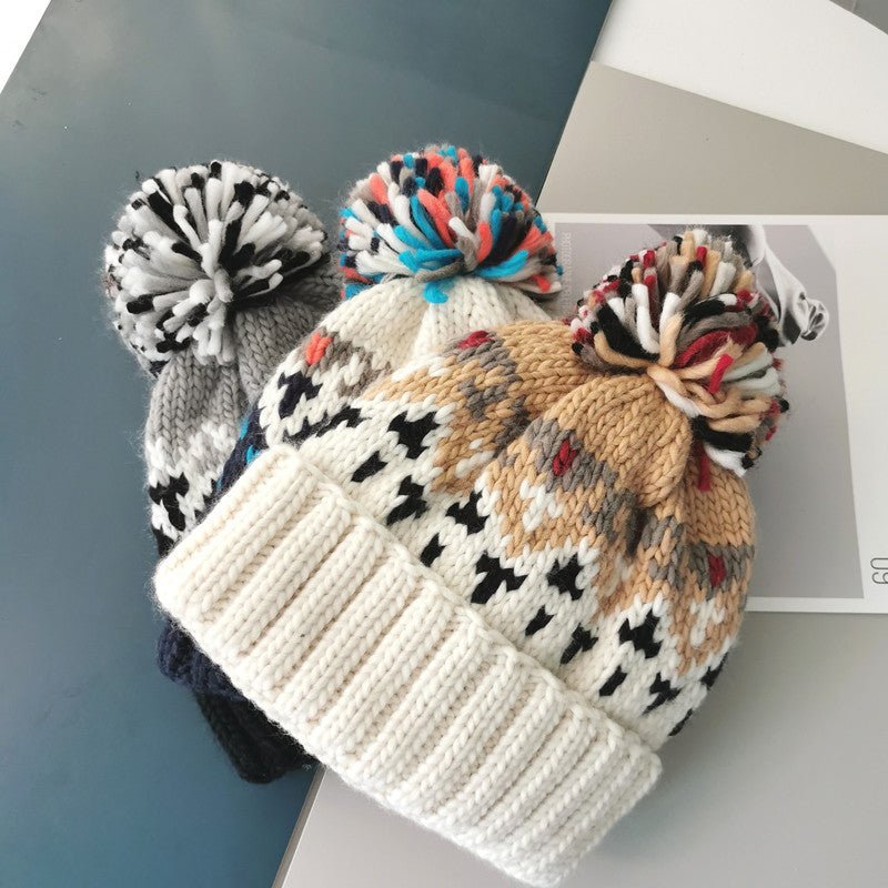 Fashion Cute Print Embroidery Beanies Hats for Women Men Winter Wool Warm Fur Pompom Baggy Knitted Hat - Starttech Online Market