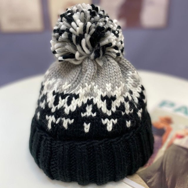 Fashion Cute Print Embroidery Beanies Hats for Women Men Winter Wool Warm Fur Pompom Baggy Knitted Hat - Starttech Online Market