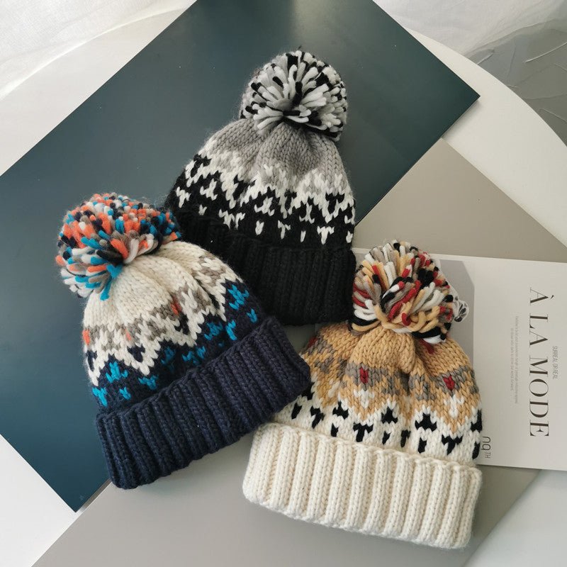 Fashion Cute Print Embroidery Beanies Hats for Women Men Winter Wool Warm Fur Pompom Baggy Knitted Hat - Starttech Online Market