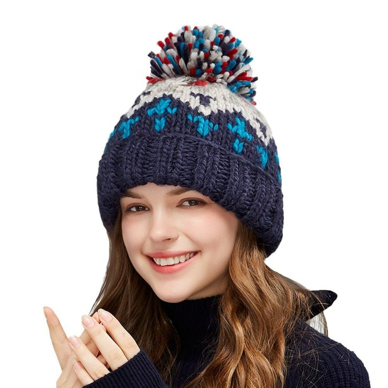 Fashion Cute Print Embroidery Beanies Hats for Women Men Winter Wool Warm Fur Pompom Baggy Knitted Hat - Starttech Online Market