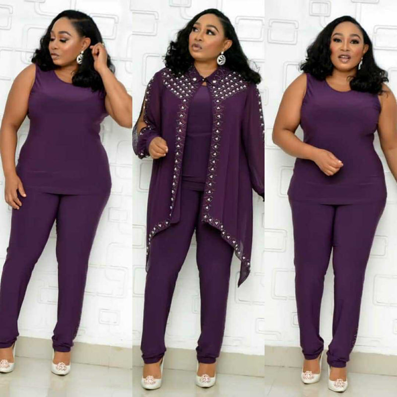 Fashion Leisure Suit Chiffon Three Piece Set With Hot Drill And Bubble Bead - Starttech Online Market