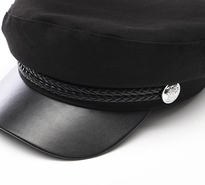 Fashion PU Leather Military Hat Autumn Winter Wool Sailor Hat For Women Men Black flat top Female travel cadet hat Captain Cap - Starttech Online Market