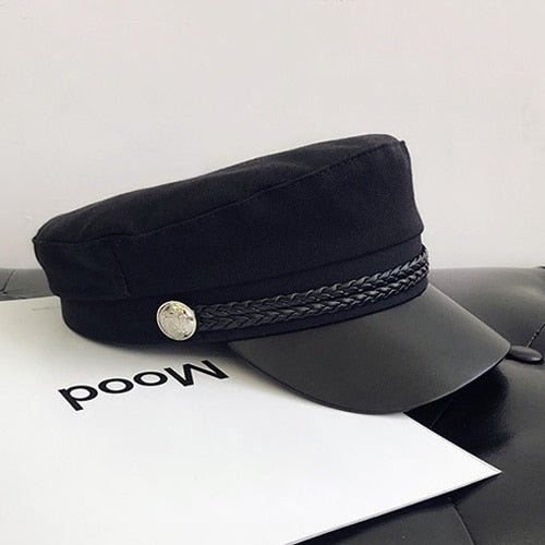 Fashion PU Leather Military Hat Autumn Winter Wool Sailor Hat For Women Men Black flat top Female travel cadet hat Captain Cap - Starttech Online Market