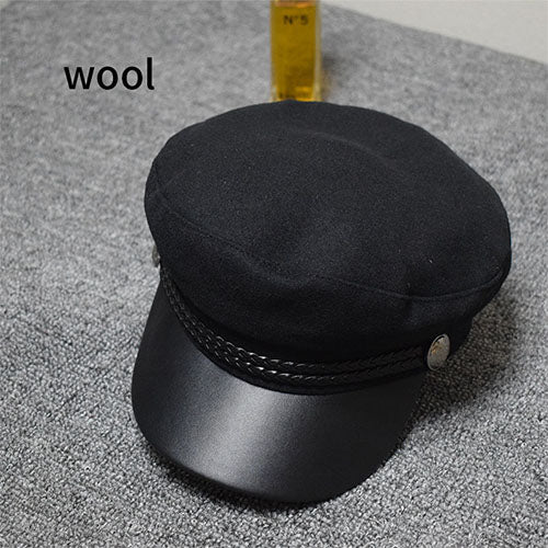 Fashion PU Leather Military Hat Autumn Winter Wool Sailor Hat For Women Men Black flat top Female travel cadet hat Captain Cap - Starttech Online Market