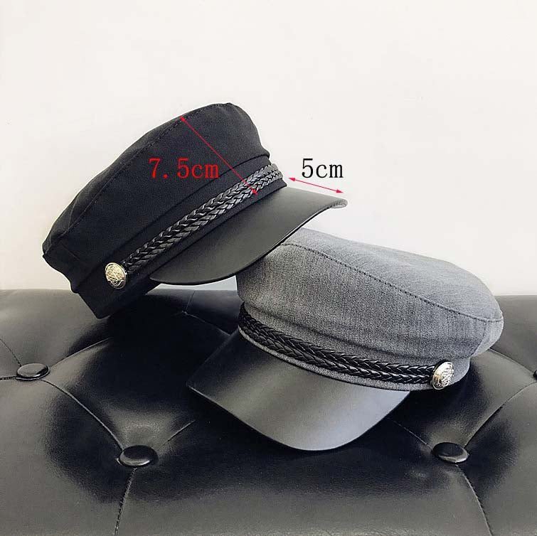 Fashion PU Leather Military Hat Autumn Winter Wool Sailor Hat For Women Men Black flat top Female travel cadet hat Captain Cap - Starttech Online Market