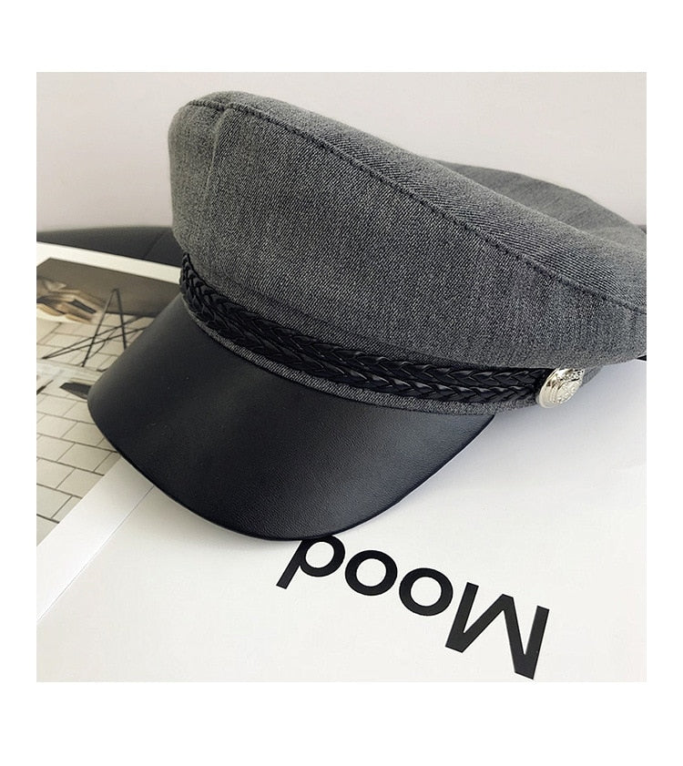 Fashion PU Leather Military Hat Autumn Winter Wool Sailor Hat For Women Men Black flat top Female travel cadet hat Captain Cap - Starttech Online Market