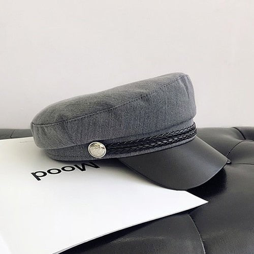 Fashion PU Leather Military Hat Autumn Winter Wool Sailor Hat For Women Men Black flat top Female travel cadet hat Captain Cap - Starttech Online Market